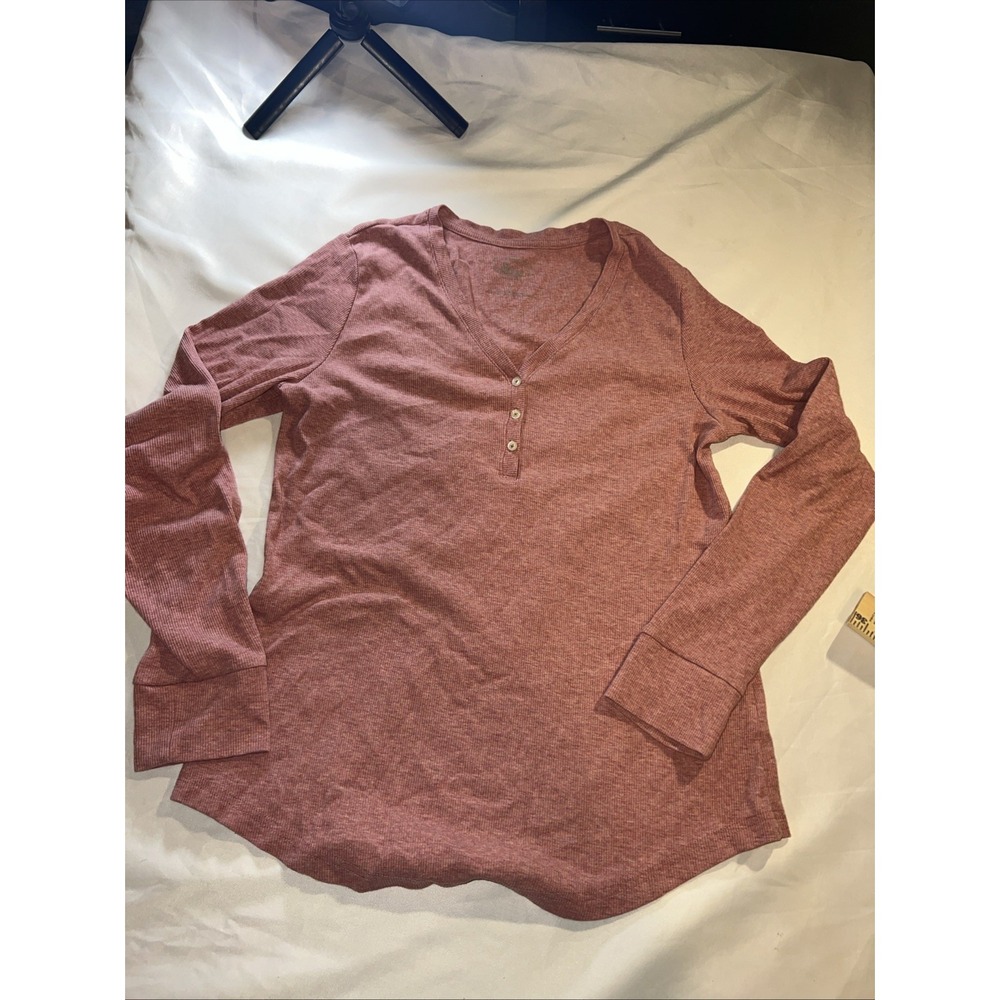 Bass Top Womens L Henley Long Sleeve Soft AF Cozy Stretch Rose V Neck Sexy 349